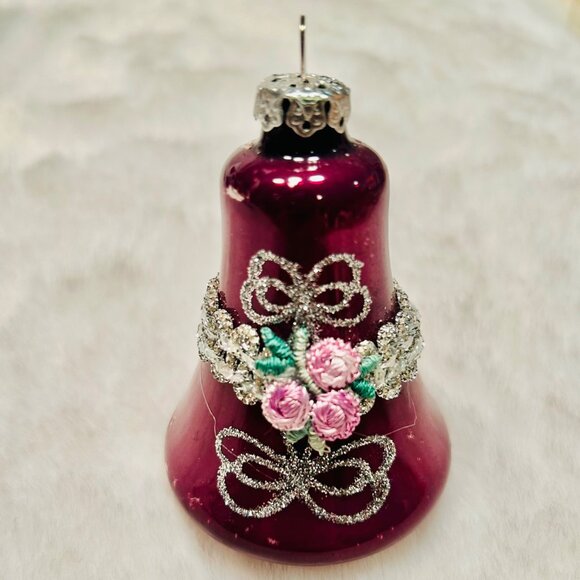 Vintage Glass Bell Christmas Ornaments Set Of 8 With Floral & Bow Design In Pink - Picture 3 of 7